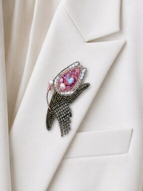 Handmade Pink Crystal Flower Brooch Pin